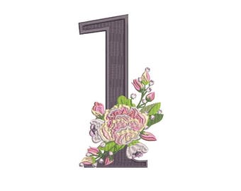 Number 1 - ONE - Bouquet - First Birthday-  Machine Embroidery File design - 5x7 hoop - embroidery design - instant download