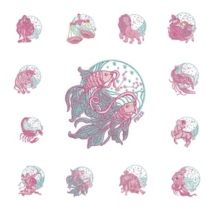 Wzory do haftu Zodiacs - Pliki z projektami do haftu maszynowego - 12 plików PES ONLY 4 x 4 cale tamborek - natychmiastowe pobranie - Haft Star Signs