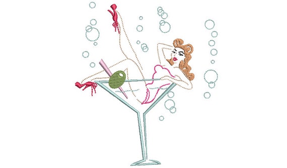 Pinup Girl Martini - Retro Machine Embroidery File design - 5 x 7 inch hoop - Vintage Style Embroidery