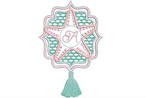 Starfish Tassel Monogram Frame - Machine Embroidery File design - 5x7inch hoop - instant download