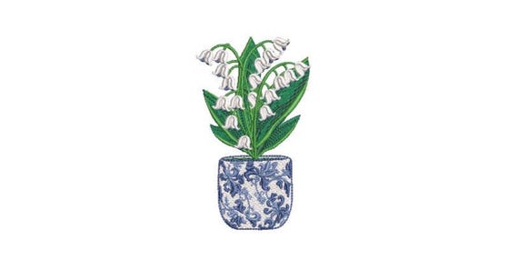 Chinoiserie Lily Of The Valley Embroidery - Hamptons Pot Plant - Machine Embroidery File design - 4 x 4 inch hoop - Instant Download