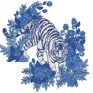 Blue Floral Tiger Embroidery Design - Machine Embroidery File design - 8x8 inch hoop - instant download - Chinoiserie Flower Tiger Design