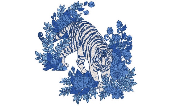 Blue Floral Tiger Embroidery Design - Machine Embroidery File design - 8x8 inch hoop - instant download - Chinoiserie Flower Tiger Design