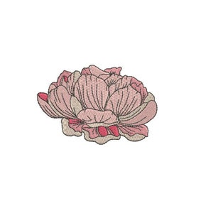 May include: An embroidered flower in shades of pink and white, featuring a detailed design. The flower has a layered, ruffled appearance.