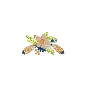 May include: A floral embroidery design featuring a peach-colored flower with yellow and green leaves, accented by blue and white feathers.