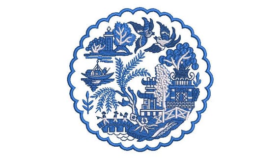 Chinoiserie Chic Blue Willow Pagoda Doily -  Machine Embroidery File design - 5x7 inch hoop