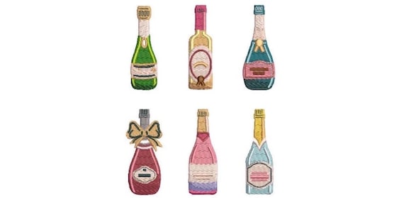 6 Champagne Bottles Machine Embroidery File design - 5 x 7 inch hoop _ Wine Embroidery Design Download
