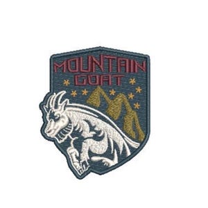 May include: A shield-shaped embroidered patch featuring a white mountain goat illustration, a gold mountain silhouette, and small gold stars against a dark blue background. The text MOUNTAIN GOAT is stitched in red at the top of the patch.