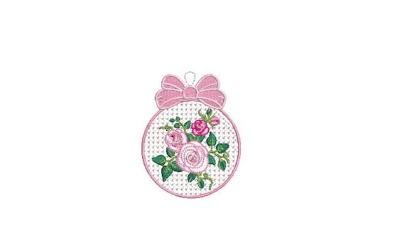 Shabby Rose Christmas Bauble Ornament - Machine Embroidery File design - 4x4 inch hoop - Monogram Frame