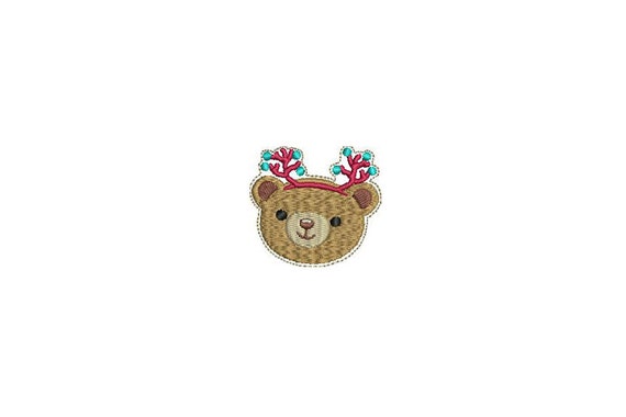 Little Christmas Bear With Antlers Embroidery Feltie - Machine Embroidery File design 4 x 4 inch hoop