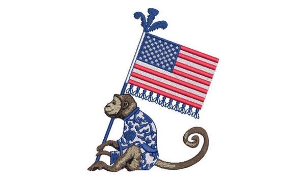 Chinoiserie Monkey USA Flag Machine Embroidery File design 5x7 hoop - 4th of July Embroidery Design - instant download