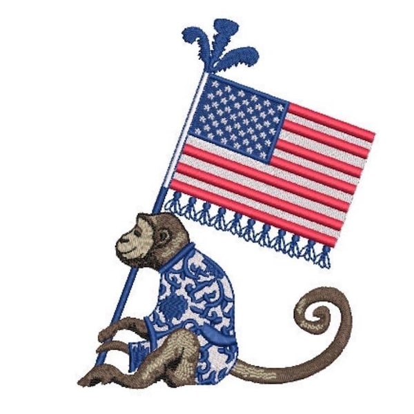 Chinoiserie Monkey USA Flag Machine Embroidery File design 5x7 hoop - 4th of July Embroidery Design - instant download