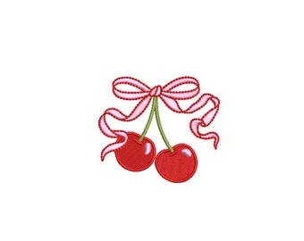 Ribbon Bow Cherries Embroidery Design - Machine Embroidery Instant Download File - Cherries Coquette Bow - 3x3 inches