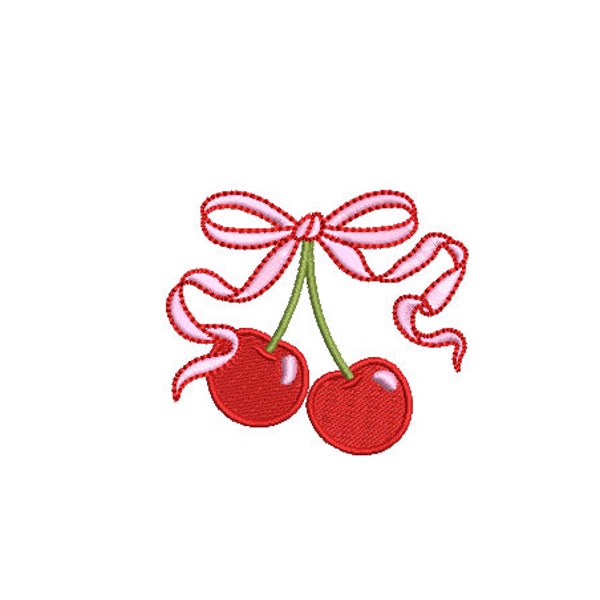 Ribbon Bow Cherries Embroidery Design - Machine Embroidery Instant Download File - Cherries Coquette Bow - 3x3 inches