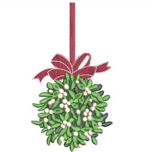May include: An embroidered mistletoe sprig featuring green leaves and white berries, tied with a red ribbon bow and a vertical red hanging strap. The design is rendered in a dense stitch pattern, creating a textured appearance for the plant.