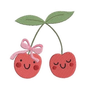 May include: An embroidered patch featuring two red cherries with smiling faces. The left cherry has a light pink bow on its stem, while the right cherry has closed eyes. Both cherries have small red cheeks and are topped with two green leaves.