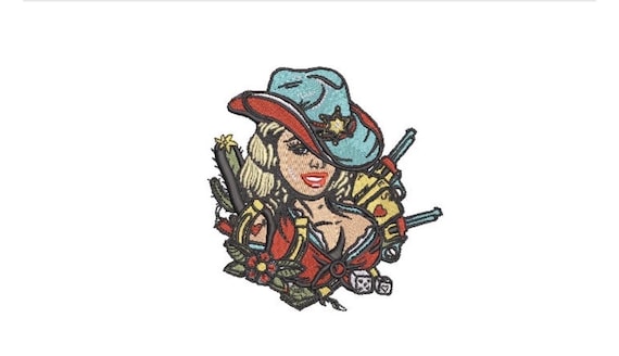 Cowgirl Pinup Tattoo Retro Machine Embroidery File design 4 x 4 inch hoop - Rodeo Embroidery Design
