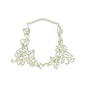 May include: A decorative frame design composed of small, light-colored dots forming the outline of a shield-like shape. The frame is adorned with detailed floral motifs, including roses and leaves, arranged along the sides and bottom edges.