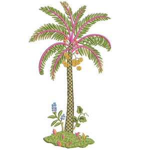 May include: A green palm tree with pink stems and yellow fruit. The tree is surrounded by green grass and blue flowers.