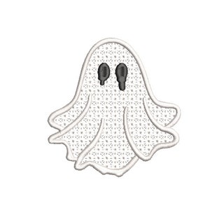 Può includere: Fantasma bianco con occhi neri, un ricamo a tema Halloween.
