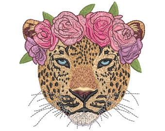 Leopard Blumen Krone Stickdatei - 13x18 cm Stickerei - Leopard gesicht - Maschinenstickerei