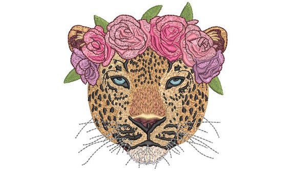 Leopard Flower Crown Machine Embroidery File design - 5x7 inch hoop - Leopard Face - instant download