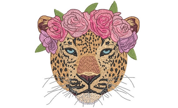 Leopard Flower Crown Embroidery Design -  Urban Machine Embroidery File design - 8x8 inch hoop - instant download