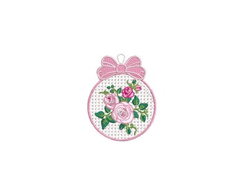 Shabby Rose Christmas Bauble Ornament - Machine Embroidery File design - 4x4 inch hoop - Monogram Frame