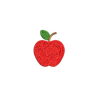 May include: A red apple with a green leaf and brown stem. The apple is a simple, cartoon-like design.