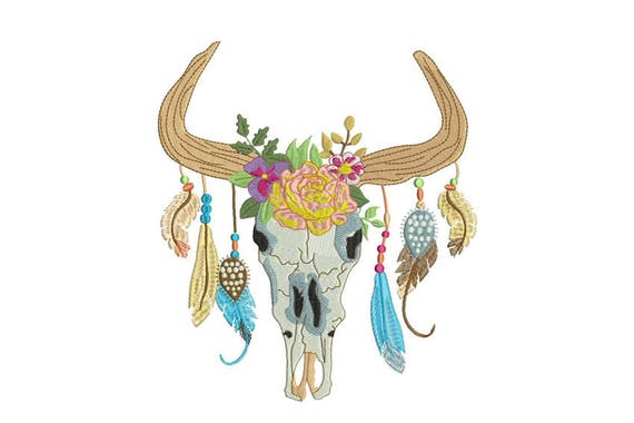 Machine Embroidery Boho Gypsy Skull With Feathers Bohemian Machine Embroidery File 8x12 hoop