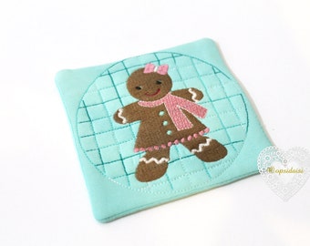 Gingerbread Girl Coaster Mug Rug Christmas ITH Machine Embroidery File design 5x7 inch hoop