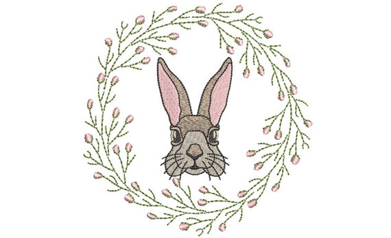 Vintage Bunny Rabbit Wreath  - Machine Embroidery File design 5 x 7 inch hoop - Easter Embroidery Design