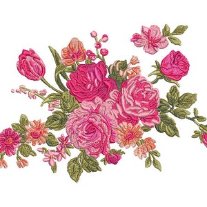 Może przedstawiać: Bukiet różowych i białych róż, tulipanów i innych kwiatów z zielonymi liśćmi. Kwiaty są ułożone w skupisku i skierowane w stronę prawej strony obrazu.