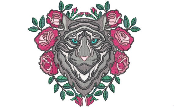 Tiger Embroidery Design - Black Tiger & Roses Tattoo Machine Embroidery File design  - 6x10 inch hoop - Instant download