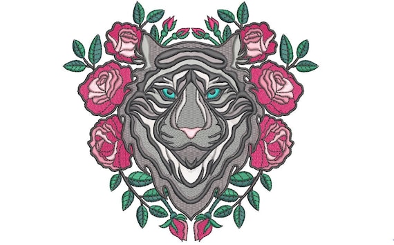 Tiger Embroidery Design - Black Tiger & Roses Tattoo Machine Embroidery File design  - 6x10 inch hoop - Instant download