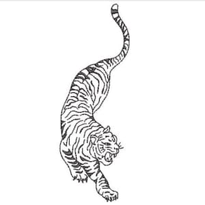 May include: A black and white line art illustration of a tiger in a dynamic pouncing position. The tiger is depicted from a top-down perspective with its body arched, tail raised, and mouth open, showing detailed stripes across its entire form.