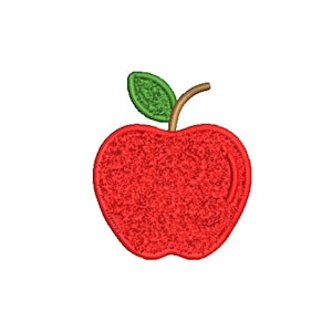 May include: A red apple with a green leaf and brown stalk.