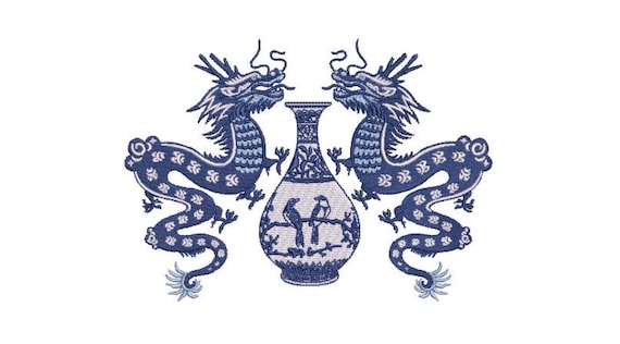 Chinoiserie Dragons and Vase Embroidery Design - Chinoiserie - Machine Embroidery File design  - 5x7 hoop