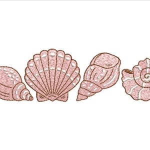 May include: An embroidery design featuring four distinct seashells arranged in a horizontal row. Each shell is rendered in a soft, pale pink thread with white highlights, showcasing intricate stitching patterns that define their unique shapes.