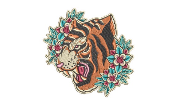 Tiger Flowers Embroidery Design - Tiger & Flowers Urban Modern Machine Embroidery File design - 5x7 inch hoop - instant download