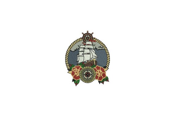 Rose & Boat Ship Tattoo Retro Machine Embroidery File design 4 x 4 inch hoop