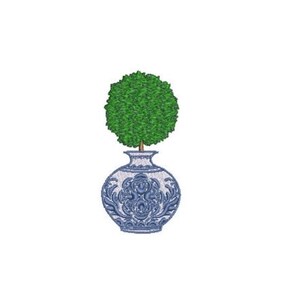 May include: An embroidered design featuring a round, vibrant green topiary tree planted in a blue and white ceramic vase. The vase displays an intricate, ornate floral pattern in shades of deep blue against a white background, creating a detailed contrast.
