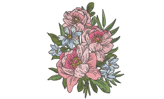 Peony Pink Blue Floral Embroidery - Flower Machine Embroidery File design - 5x7 inch hoop - instant download