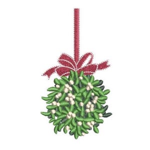 May include: An embroidered mistletoe ornament featuring a cluster of green leaves and small white berries. A red ribbon is tied in a bow at the top, with a long red vertical ribbon extending upwards for hanging. The design uses detailed stitching.