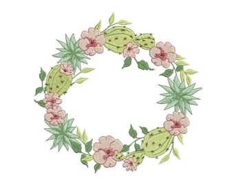 Wreath Embroidery - Machine Embroidery Boho Cactus Flower Wreath Machine Embroidery File design 7x12 inch or 18x30cm hoop