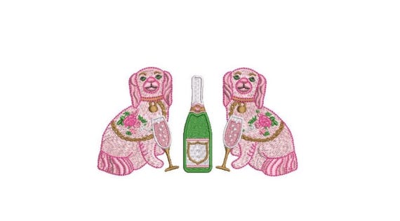 Staffordshire King Charles Spaniel Pups and Champagne Machine Embroidery File design - 5 x 7 inch hoop
