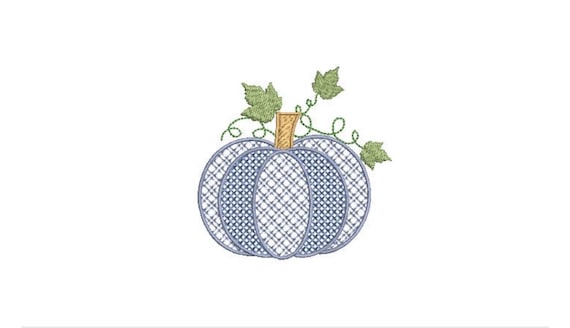 Chinoiserie Chic - Blue Plaid and Cross Stitch Pumpkin Machine Embroidery design - 4 x4 inch hoop - instant download - 8.5cm size.