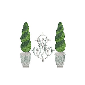 Topiary Monogram Frame Embroidery - Hamptons Pot Plant - Stickdatei für die Stickmaschine - Rahmengröße 10x10cm - Instant Download