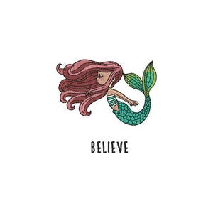 May include: A pink-haired mermaid with a green tail and the word "BELIEVE" written below her.