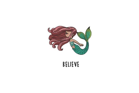 Mermaid Embroidery Design - Whimsical Believe Mermaid Machine Embroidery File design 4x4 inch hoop